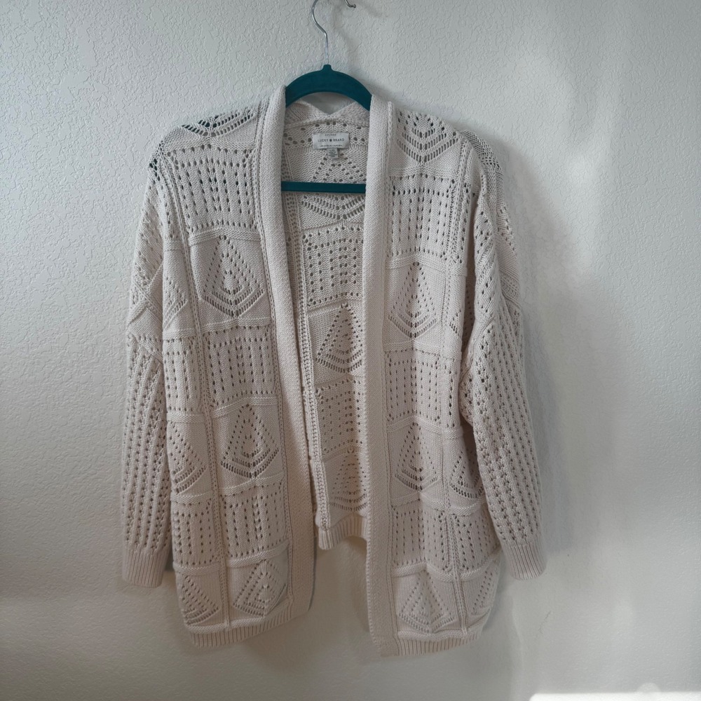 Lucky Brand Cream Open Front Crochet Knit Cardigan Sweater L/G